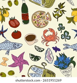 The Dolce Vita collection is a whimsical seamless pattern with vibrant color accents, inspired by the Mediterranean lifestyle. Hand-drawn sketch style