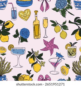The Dolce Vita collection is a whimsical seamless pattern with vibrant color accents, inspired by the Mediterranean lifestyle. Hand-drawn sketch style