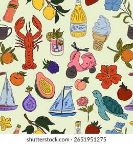 The Dolce Vita collection is a whimsical seamless pattern with vibrant color accents, inspired by the Mediterranean lifestyle. Hand-drawn sketch style