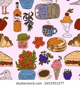 The Dolce Vita collection is a whimsical seamless pattern with vibrant color accents, inspired by the Mediterranean lifestyle. Hand-drawn sketch style