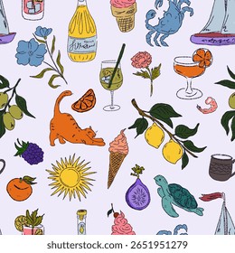 The Dolce Vita collection is a whimsical seamless pattern with vibrant color accents, inspired by the Mediterranean lifestyle. Hand-drawn sketch style