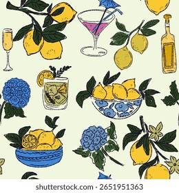 The Dolce Vita collection is a whimsical seamless pattern with vibrant color accents, inspired by the Mediterranean lifestyle. Hand-drawn sketch style