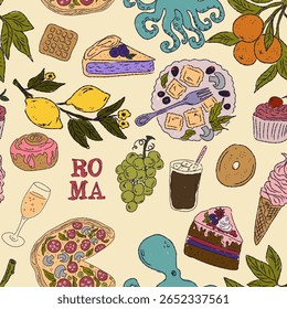 The Dolce Vita collection is a whimsical seamless pattern with vibrant color accents, inspired by the Mediterranean lifestyle. Hand-drawn sketch style