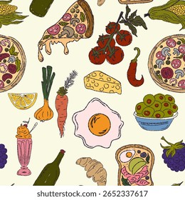 The Dolce Vita collection is a whimsical seamless pattern with vibrant color accents, inspired by the Mediterranean lifestyle. Hand-drawn sketch style
