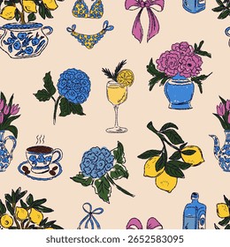 The Dolce Vita collection is a whimsical seamless pattern with vibrant color accents, inspired by the Mediterranean lifestyle. Hand-drawn sketch style