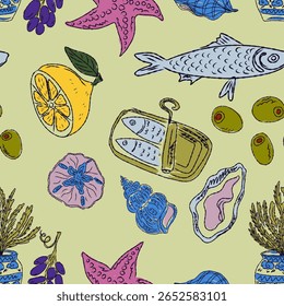 The Dolce Vita collection is a whimsical seamless pattern with vibrant color accents, inspired by the Mediterranean lifestyle. Hand-drawn sketch style