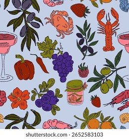 The Dolce Vita collection is a whimsical seamless pattern with vibrant color accents, inspired by the Mediterranean lifestyle. Hand-drawn sketch style