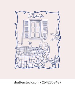 Dolce vita dinner vector art, luxury dinner vector illustration, Beautiful lady sitting in dining table hand drawn art, Dinner party artwork for t shirt, poster, wall art