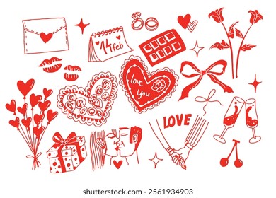 Dolce Vita doodle sketch of red valentine holiday theme set with romantic elements as engagement ring, chocolate, holding hand, acitons, dinner at restaurant, love letter and more