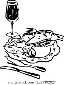 Dolce vita food.  Hand drawn vector isolated. Lobster wine 