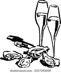 Dolce vita food.  Hand drawn vector isolated. Champagne oyster 