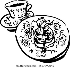 Dolce vita food.  Hand drawn vector isolated. Tea pancake 