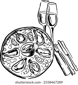 Dolce vita food.  Hand drawn vector isolated. Oyster champagne 