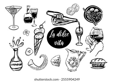 Dolce vita food,  wine, cocktails, dessert, seafood, cheese.  Hand drawn vector isolated set.