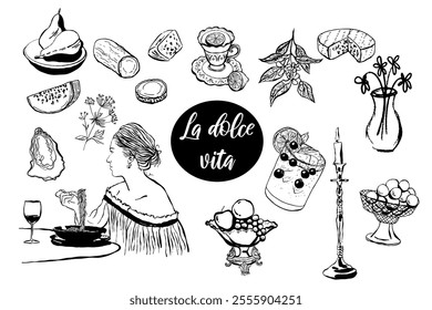 Dolce vita food,  wine, cocktails, dessert, seafood, cheese.  Hand drawn vector isolated set.