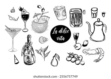 Dolce vita food,  wine, cocktails, dessert, seafood, cheese.  Hand drawn vector isolated set.