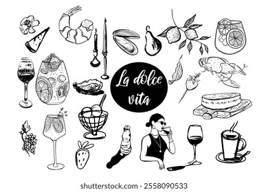 Dolce vita food,  wine, cocktails, dessert, seafood, cheese.  Hand drawn vector isolated set.