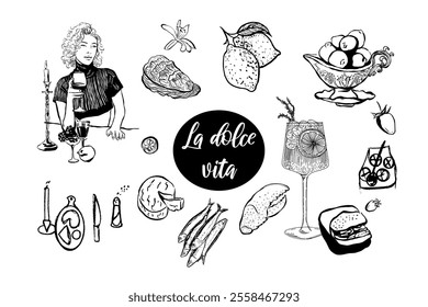 Dolce vita food,  wine, cocktails, dessert, seafood, cheese.  Hand drawn vector isolated set.