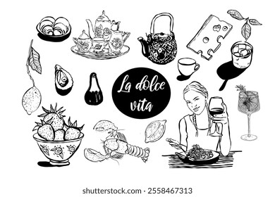 Dolce vita food,  wine, cocktails, dessert, seafood, cheese.  Hand drawn vector isolated set.