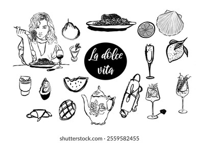 Dolce vita food,  wine, cocktails, dessert, seafood, cheese.  Hand drawn vector isolated set.