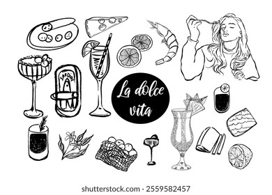 Dolce vita food,  wine, cocktails, dessert, seafood, cheese.  Hand drawn vector isolated set.