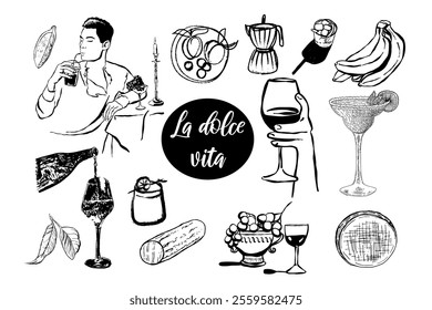 Dolce vita food,  wine, cocktails, dessert, seafood, cheese.  Hand drawn vector isolated set.