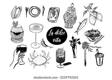 Dolce vita food,  wine, cocktails, dessert, seafood, cheese.  Hand drawn vector isolated set.