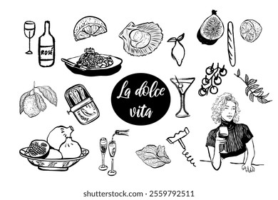 Dolce vita food,  wine, cocktails, dessert, seafood, cheese.  Hand drawn vector isolated set.