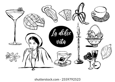 Dolce vita food,  wine, cocktails, dessert, seafood, cheese.  Hand drawn vector isolated set.