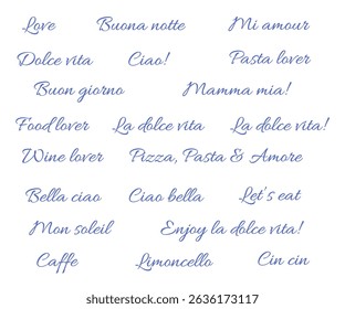 Conjunto de letras desenhado à mão Dolce vita. Vetor mediterrâneo conjunto de letras de dolce vita, amor, buena notte, ciao. Aspas desenhadas à mão isoladas sobre fundo branco. EPS10