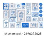 Dolce vita postal marks set in doodle sketch style. Italian summer holiday, post stamp designs. Sea vacation, Mediterranean food, sardines, lobster and seashell. Vector illustrations isolated on white