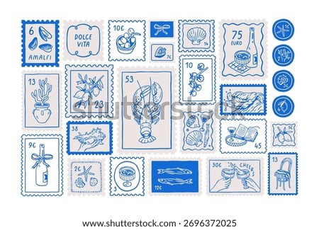 Dolce vita postal marks set in doodle sketch style. Italian summer holiday, post stamp designs. Sea vacation, Mediterranean food, sardines, lobster and seashell. Vector illustrations isolated on white