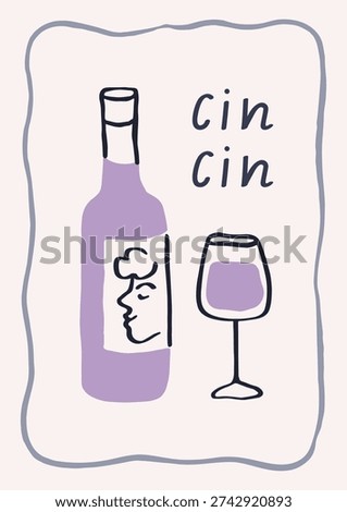 Dolce vita poster design with wine bottle and wineglass. Italian doodle card in sketch drawn frame. Limoncello, alcohol drink and glass, scribble drawing, retro style. Flat vector illustration