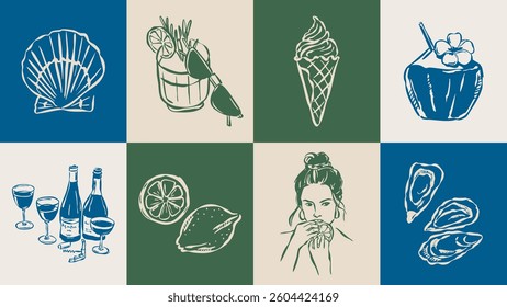 Dolce Vita sketch style vector illustration collection. Travel doodles. Art for postcards, print posters, packaging design.	