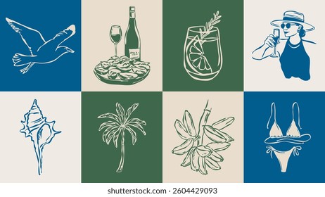 Dolce Vita sketch style vector illustration collection. Travel doodles. Art for postcards, print posters, packaging design.