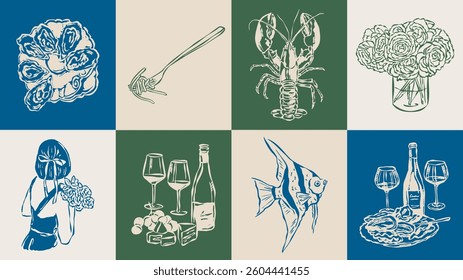 Dolce Vita sketch style vector illustration collection. Food and beverage doodles. Art for postcards, print posters, packaging design.