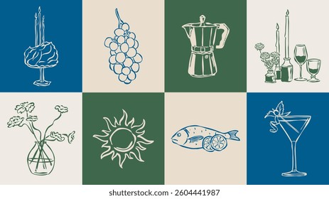 Dolce Vita sketch style vector illustration collection. Food and beverage doodles. Art for postcards, print posters, packaging design.