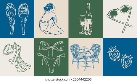 Dolce Vita sketch style vector illustration collection. Food and beverage doodles. Art for postcards, print posters, packaging design.