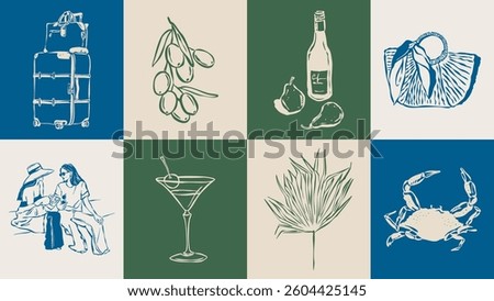 Dolce Vita sketch style vector illustration collection. Travel doodles. Art for postcards, print posters, packaging design.	