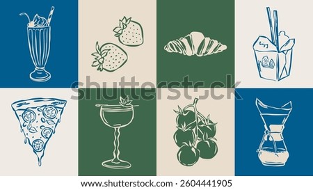 Dolce Vita sketch style vector illustration collection. Food and beverage doodles. Art for postcards, print posters, packaging design.