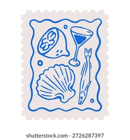 Sello de Dolce vita, diseño de marca postal. Comida italiana, bebida en matasellos. Sardina, concha de mar, limón y copa de vino, doodle sketch cartel costero. Ilustración vectorial plana aislada sobre fondo blanco