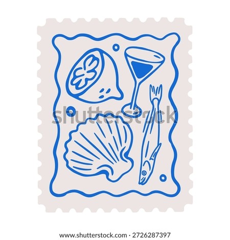 Dolce vita stamp, postal mark design. Italian food, drink on postmark. Sardine, sea shell, lemon and wineglass, doodle sketch coastal poster. Flat vector illustration isolated on white background