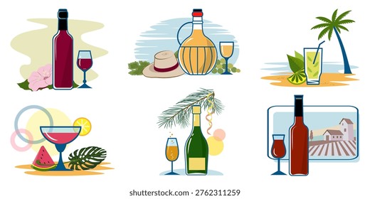 Dolce vita, wine and coctails time. Set of wine and fruits still life. Vector illustration.