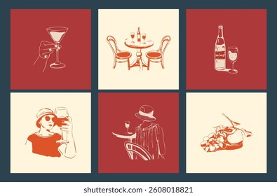 Dolche vita postcards. Vector illustrations, hand-drawn, with people, drinks in cafes and restaurants. Minimalistic doodles: a woman with a glass of wine, a girl in a hat at a cafe table, cocktails.