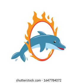 dolhpin attraction jump to fire circle animal show in zoo or circus cartoon flat illustration vector isolated in white background