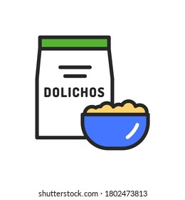 Dolichos package and bowl of porridge color line icon. Healthy, organic food. Proper nutrition. Isolated vector element. Outline pictogram for web page, mobile app, promo