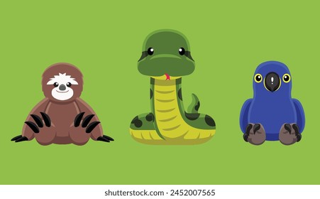 Puppe Amazon Faultier Anaconda Hyacinth Macaw Tier niedliche Cartoon-Vektorillustration