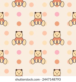 Doll bear cartoon so cute. On polka dot background. Pattern seamless vector illustration. 