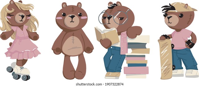 Doll bear teddy vector. Set of teddy bears. Valentine's day card.