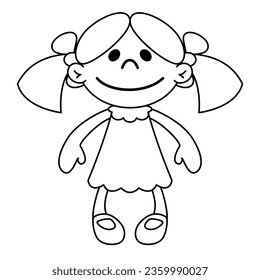 doll, black and white vector cartoon illustration of little girl in dress, isolated on white background